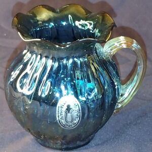 Pilgrim Glass Iridescent Blue Ruffled Creamer Pitcher Amber Handle Hand Blown